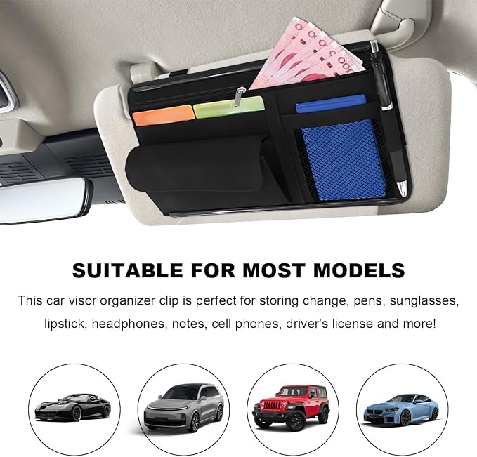 Car Sun Visor Organizer, Leather Sun Visor Pocket Organizer Case with Multi-Pocket Net Zipper, Suede Note Holder Car Visor Storage Pouch for Card Pen Sunglasses Document (Black) - Image 5