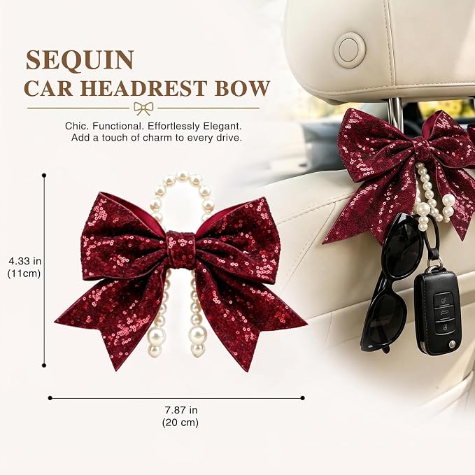 2 Pack Pearl Car Seat Headrest Hook with Bow & Sequin/Leopard/Polka Dot Design – Cute Purse Hanger for Vehicle,Grocery Bags, Umbrellas, Seat Back Organizer for Women (Red Sequins) - Image 3