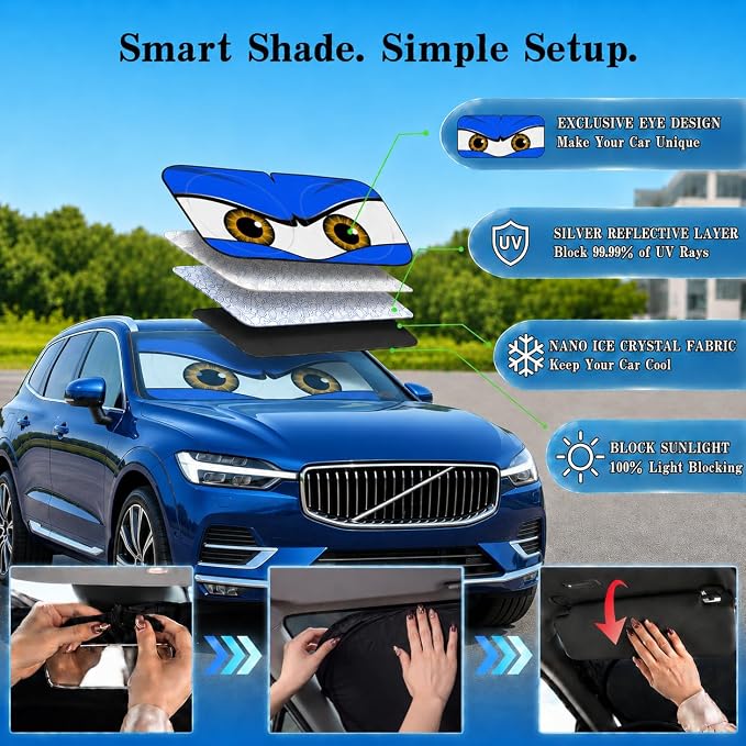 Car Windshield Sun Shade, Universal Fit Midsized Sedan SUV, Monster Blue | 63 x 31.5" Windshield Cover, Foldable Front Window Sunshade, UV Heat Protection, Cute Eyes Series - Image 4