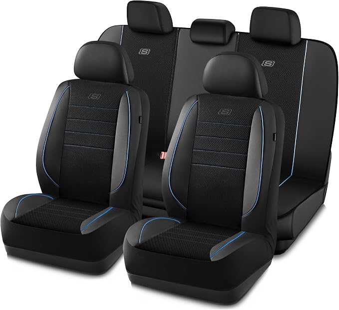 Skechers Air-Cooled Memory Foam Seat Covers,Mesh Thick Car Seat Covers,Piping Leather Car Seat Cover,Airbag Compatible,Automotive Comfort for Most Cars, Vans, Trucks, SUV(Blue,Full Set) by Unknown