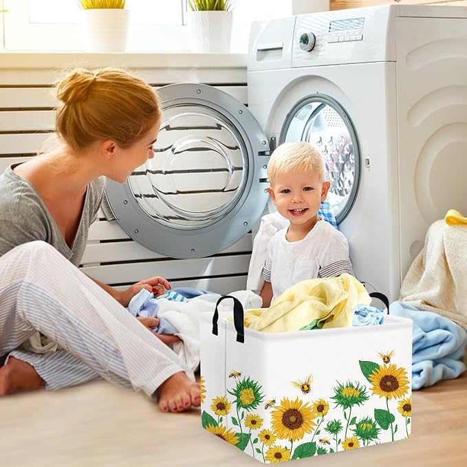 FXOLCSHE Rectangular Sunflower basket,Waterproof Canvas kids Laundry Nursery Hamper,Storage Baskets for Bedroom,Yellow Hamper,Gift Basketsr(Sunflower) - Image 4