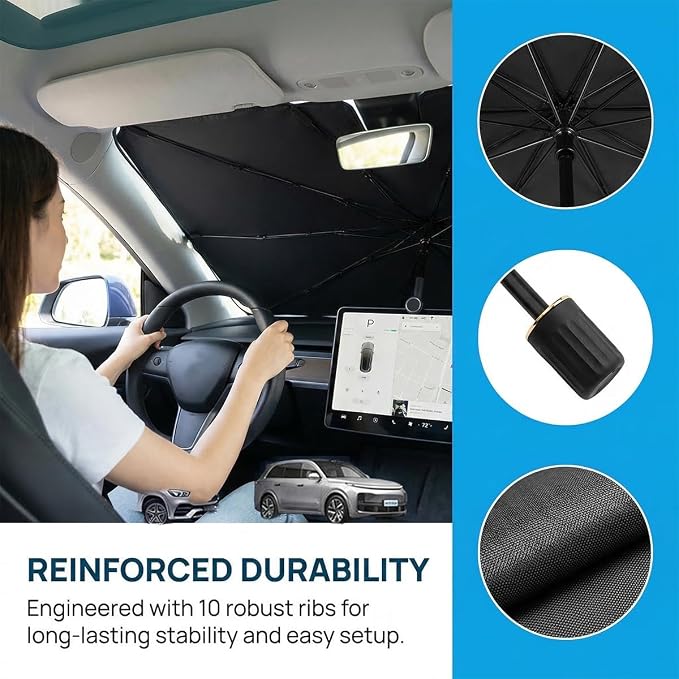 Car Sun Shade Umbrella, UV Heat Protector Front Window Sun Shield Cover Keep Interior Cool, Foldable Auto Windshield Sunshade Protect Car from Sun Heat Damage, Universal for Vehicles - Image 2