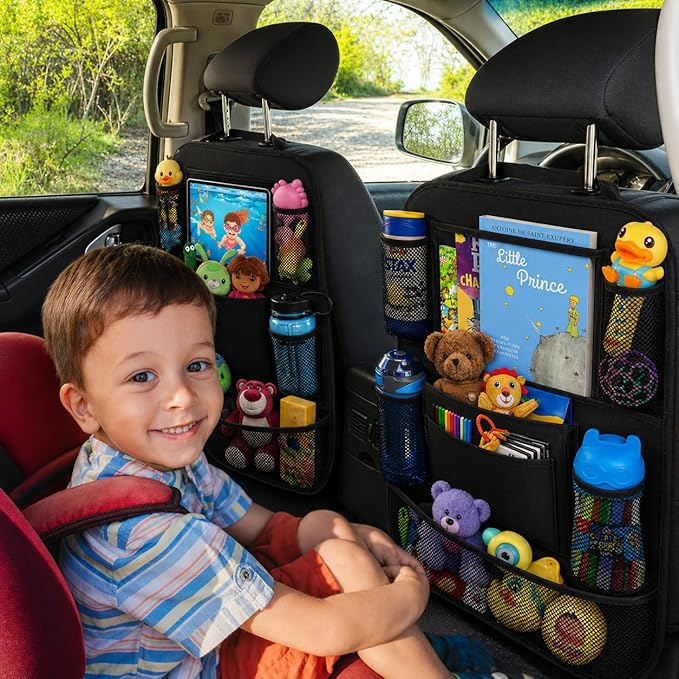 ULEEKA Car Backseat Organizer with 10" Table Holder, 9 Storage Pockets Seat Back Protectors Kick Mats for Kids Toddlers, Travel Accessories, 2 Pack (Black) | Car Organizers and Storage Kick Mats Back Seat Protector w/ Touch Screen Tablet Holder for Kid... - Image 7
