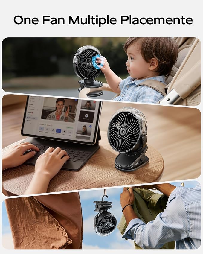 SWEETFULL Portable Misting Clip On Fan, USB-C Rechargeable Mini Personal Cooling Fan with 4 Speeds, 360° Rotatable, Quiet Cooling for Outdoor, Camping, Golf Cart, Travel, Stroller & Desk (Black) - Image 8