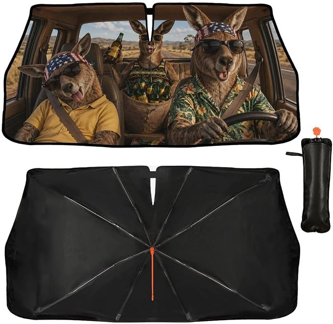 Kangaroo Car Windshield Sun Shade Umbrella Bendable Handle Foldable Funny Beer Kangaroo Sunshade for Car Windshield Block UV Rays Keep Vehicle Cool for Most Sedans SUV Trucks Cars 57"x30" by DOPINDU
