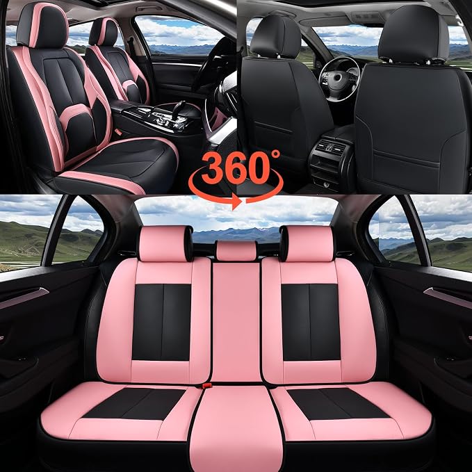 Coverado Car Seat Covers Full Set, Waterproof Nappa Leather Seat Covers for Car, Car Seat Protector with Lumbar Support, Automotive Seat Covers Universal Fit for Most Cars SUV Trucks, (Black&Pink) - Image 6
