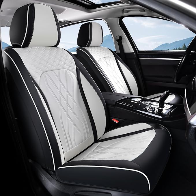 FLORICH Leather Car Seat Cover Full Set Automotive Seat Covers 5 Seats Front and Back Seat Cover Full Coverage Car Seat Cushion Universal Fit for Most Car Truck SUV Seat Protection, Black&White - Image 2