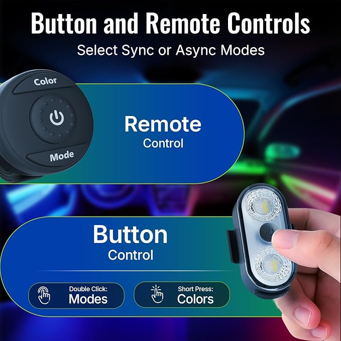 Wireless LED Lights for Car 4PCS- Button and Remote Control Interior Ambient Strobe Light, USB-C 120H 8 Colors IP65 Waterproof Rechargeable Underglow Light for Cars, Trucks, eBike, Motorcycle - Image 2