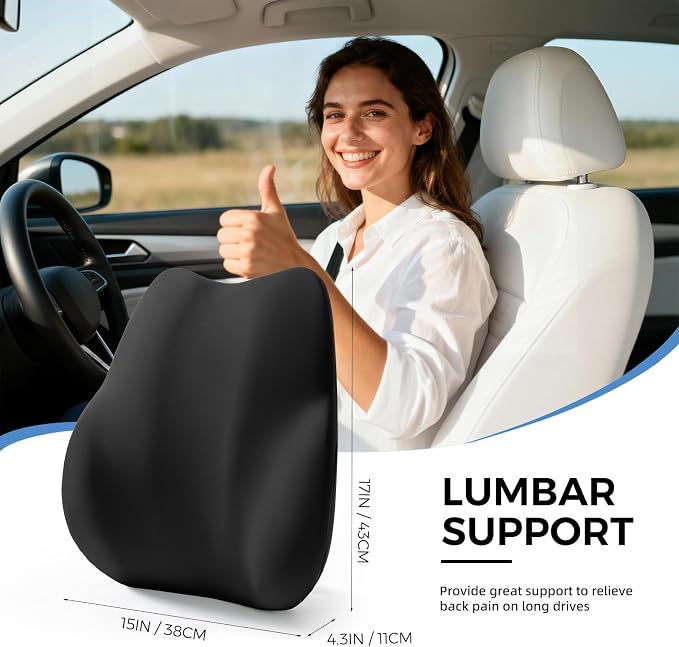 BEBAS Ergonomic Lumbar Support Pillow for Car, Memory Foam Car Back Cushion | Comfort Lumbar Pillow for Back Pain Relief, Breathable Washable Cover, Fits for Driving, Office, Wheelchair, Black - Image 2