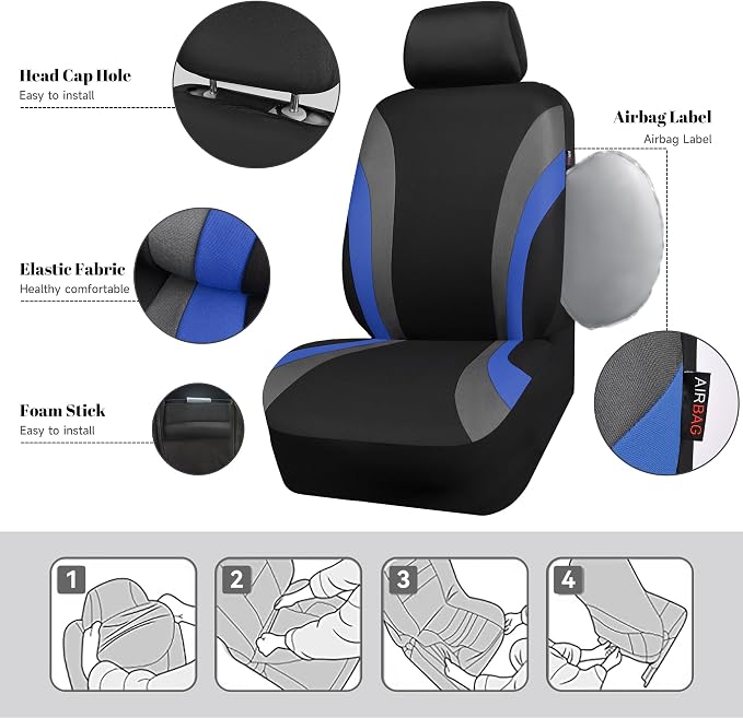 CAR PASS Line Rider Sporty Front Seat Covers, Blue Car Seat Covers Two Front Seats Only, Airbag Compatible,Universal Fit Sedans,Cars,Vans,SUV,Truck(Black and Blue) - Image 3