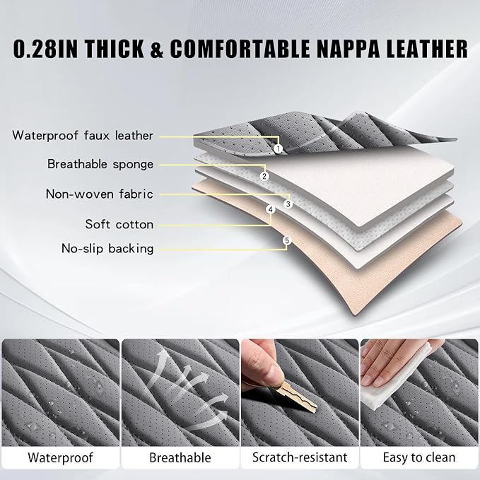 WELLDO Nappa Faux Leather Car Seat Covers Full Set, Gray | Waterproof, Non-Slip Seat Protector, 0.28in Thickened Cushion, Airbag Compatible, Universal for Cars SUV Truck Pickup - Image 2