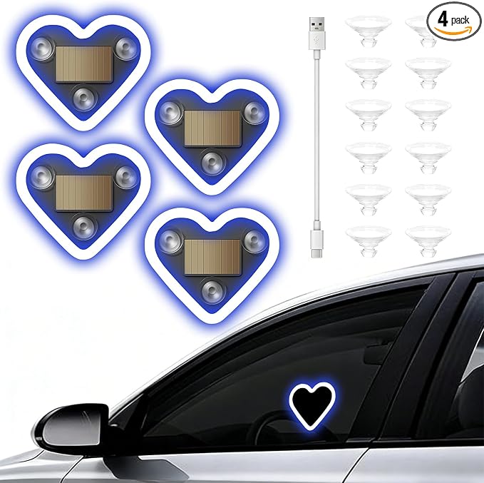 4PCS Car Window Wireless LED Ambient Light Solar Powered Love Heart Shaped Neon Lamp for Night Driving Interior Decor Accessories Romantic Gift for Women Girl Couples-Blue by GCZCC