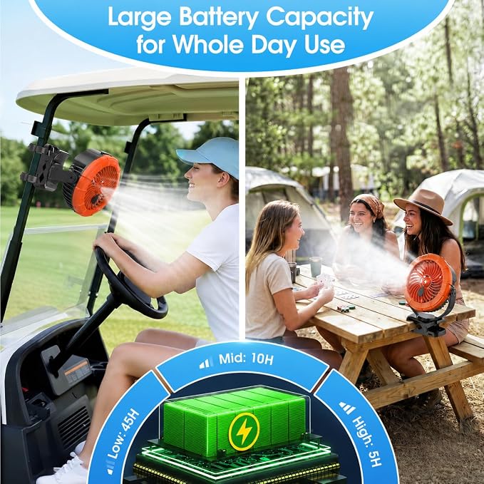 Ausic Misting Golf Cart Fans, Portable Magnetic Cruise Fan with Mist, [Max 45H Runtime] Outdoor Clip on Fan, Camping Stroller Fan with LED/Cooling Spray, Battery Rechargeable Fan for Travel/Beach - Image 5