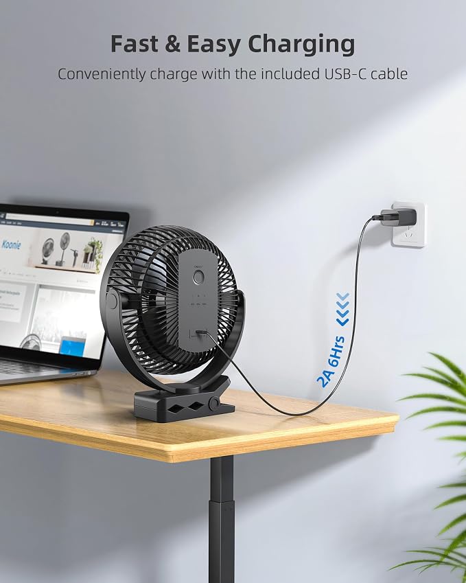 Koonie 8" Clip on Fan, 10000mAh Rechargeable Battery, Strong Airflow | 4 Speeds, Sturdy Clamp, Ideal Portable USB Desk Fan for Office, Golf Cart, Camping, Travel, Tent, Outdoor, Treadmill & Gym - Image 8