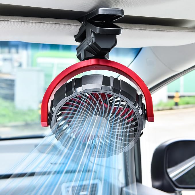 Battery Clip On Fan for Car Visor Back Seat Roof Handle (Red) | 2000mAh Rechargeable Car Fan Clip On SUV Van RV Pickup Truck Camping Desk Bed Stroller Baby Crib, Quiet, 360 Rotation by xuenair
