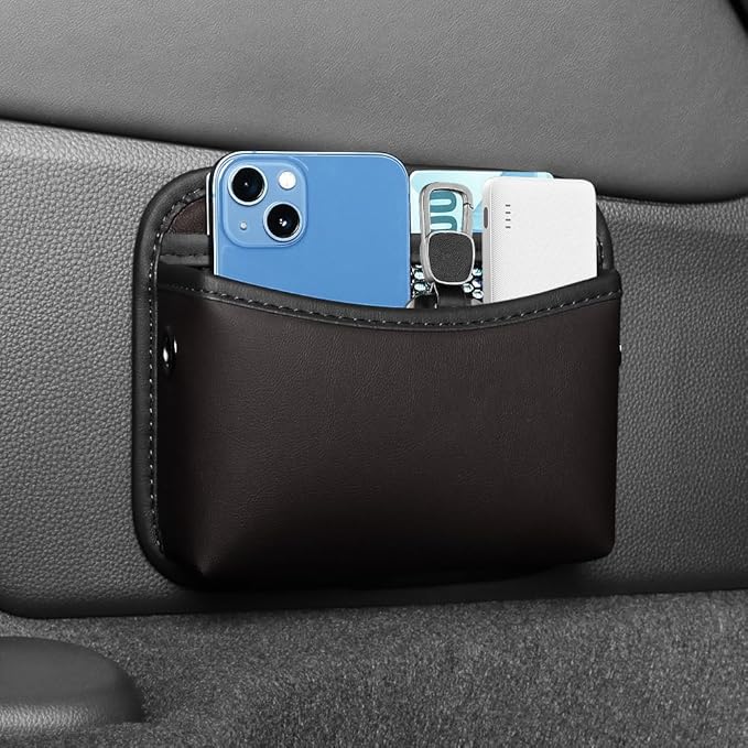 Car Seat Side Pocket Organizer - PU Leather Auto Door Console Mini Storage Bag for Keys, Phone, Sunglasses, Registration, and Documents (Dark Brown) by Cartisen