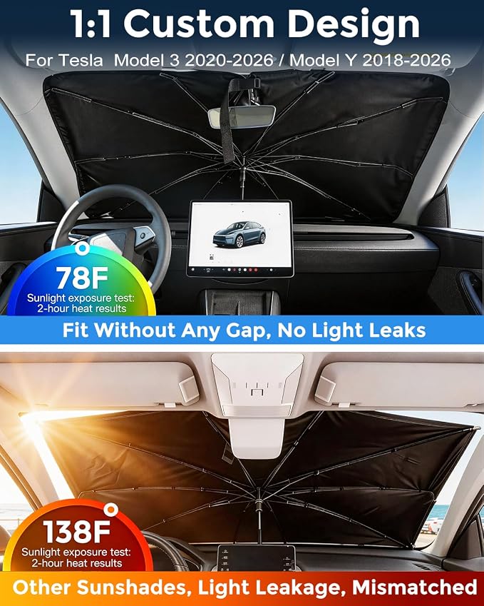 Weektic Windshield Sun Shade Umbrella for Model 3/ Model Y 2018-2026, Double Thickened Ice Crystal Coating, Sun & Heat Protection, Keep Vehicle Cool & Protect Interior - Image 2