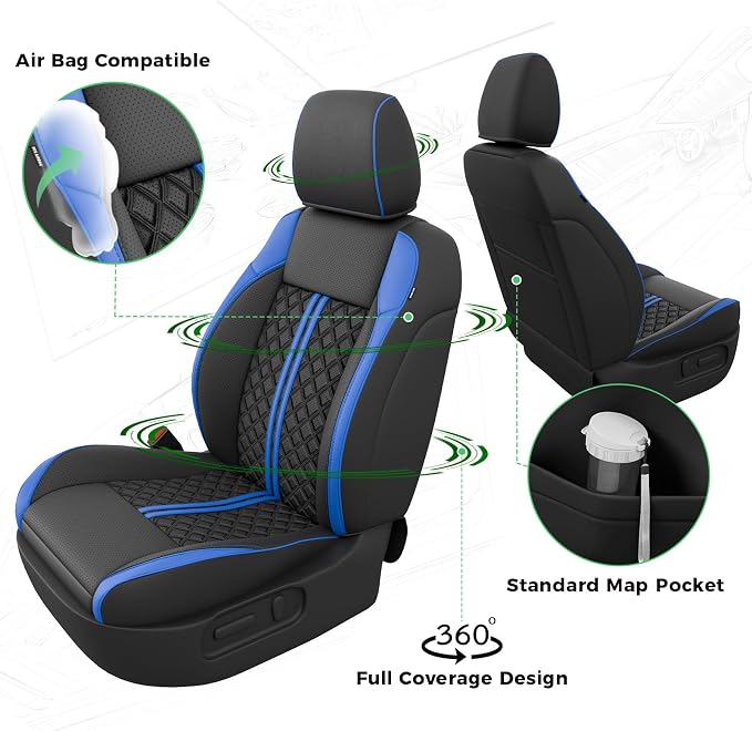 RIDEPOSH Custom Leather Seat Covers for Toyota Tacoma Double Cab 2016-2023 | full set, BKblue, OEM fit, premium waterproof leather, anti-slip, extra pockets, long-term durability, airbag compatible - Image 4