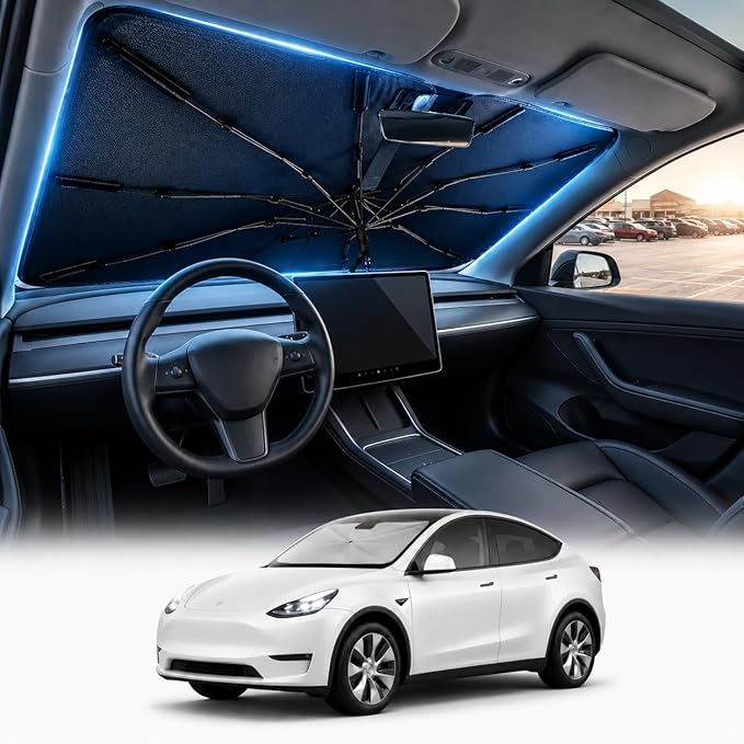 [2026 Upgraded] DooGooCoo Windshield Sun Shade Umbrella for Tesla Model Y, Model 3 [100% Sunlight Blocked, Cooling Ice Crystal] Sunshade for Car Windshield for Model Y & Model 3 Sunshade 2017-2026. by DooGooCoo