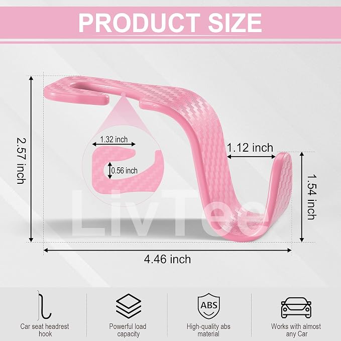 LivTee Car Purse Hook, Headrest Hook for Car, 4 Pack Universal Auto Car Seat Headrest Hook Hangers Organizer for Purse Coat Umbrellas Grocery Bags Handbag, Car Accessories - Carbon Fiber Pink - Image 3