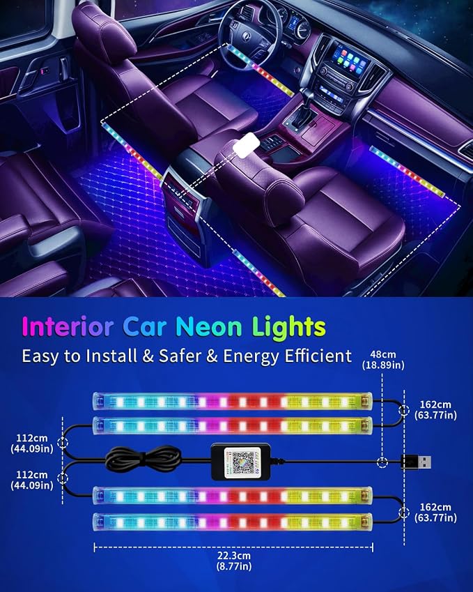 RGB 48 LED Interior Car Strip Lights with Smart APP Control, 2 Lines Design | Music Sync Under Dash Footwell Neon Internal Lighting,12V LED Strip Lights for Cars, Trucks, SUVs with Car Charger(1 Set) - Image 6
