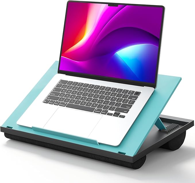 HUANUO Lap Desk with 8 Adjustable Angles – Up to 15.6" Laptop, Turquoise | Dual-cushion base, carry handle, 30% thicker for durability, wider anti-slip ledge, for home office, sofa, bed, car by HUANUO