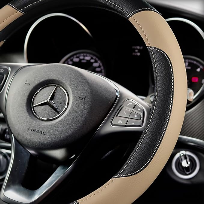 Leather Steering Wheel Cover for Ford F-150, Ram, Tundra, Tacoma, 15.5"-16" | Large-Size Fits Cars Trucks, Microfiber Leather, Anti-Slip Breathable Auto Steering Wheel Protector, Beige - Image 3