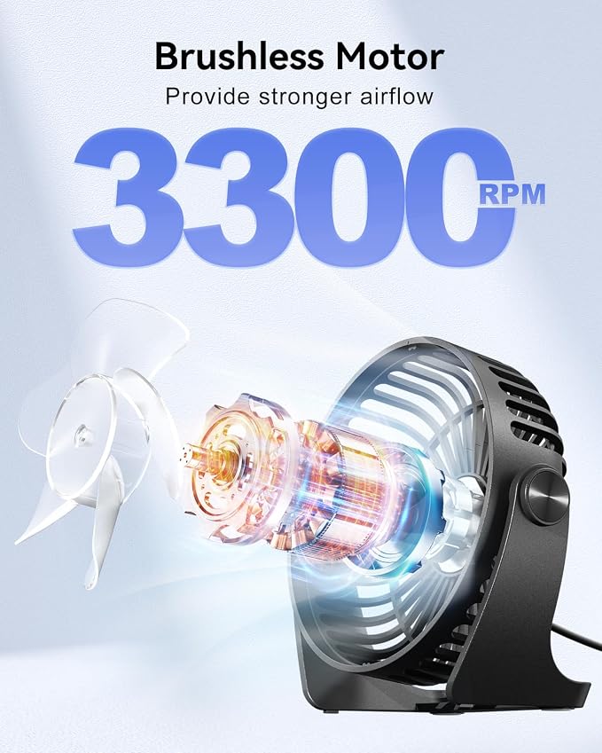 Edvision USB Desk Fan, 5 Inch Small Portable, 3 Speeds Powerful Wind Mini Personal Desktop Fan 360° Rotation Adjustable, Plug In USB Fan Quiet for Table Home Office Travel Car(Black) - Image 2