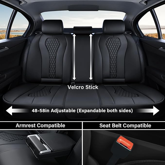 Coverado Back Seat Covers, Waterproof Car Protectors, Black Leather Seat Covers, 3-Piece Automotive Seat Covers for Back Seats Universal Fit for SUVs & Cars, All-Weather Protection - Image 2