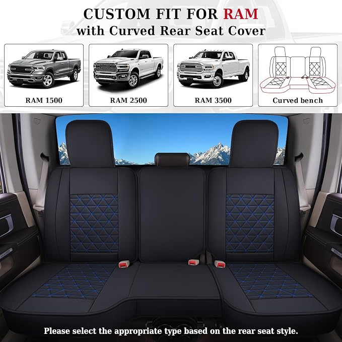 Coverado Ram Seat Covers Full Set, Waterproof Ram 1500 Seat Cover Compatible with 2002-2026 Dodge RAM 1500 2500 3500 Crew Quad Cab with Curved Bench, Black&Blue line - Image 7