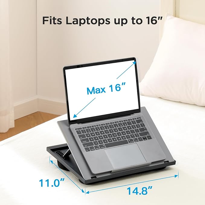 HUANUO Lap Desk with 8 Adjustable Angles – Up to 15.6" Laptop, Grey | Dual-cushion base, carry handle, 30% thicker for durability, wider anti-slip ledge, for home office, sofa, bed, car - Image 4