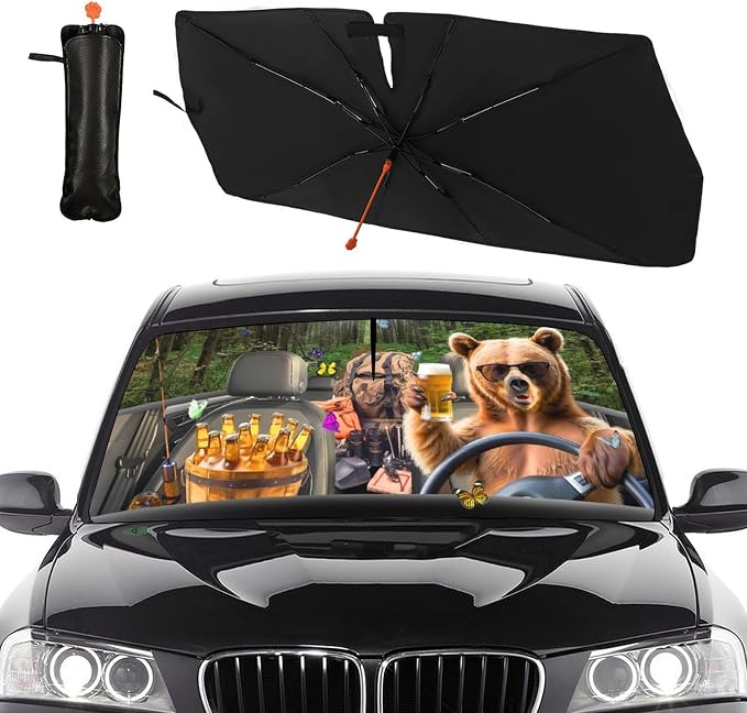 Bear Camping Car Windshield Sun Shade Umbrella Bendable Handle Foldable Funny Sunshade for Car Windshield Block UV Rays Keep Vehicle Cool for Most Sedans SUV Trucks Cars 57"x30" by DOPINDU