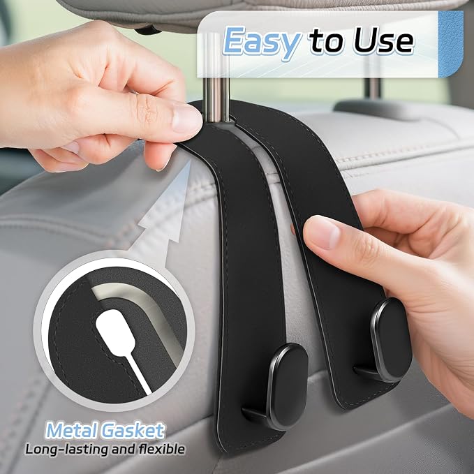 Car Seat Headrest Hooks, 4PCS Universal Car Purse Hook Leather Car Bag Hook | Black Car Bag Purse Holder with Double Metal Hooks for Handbags, Grocery Bags, Bottles, Phones - Image 3