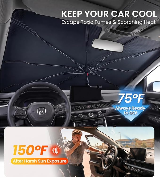 Zanch Windshield Sun Shade Umbrella: 1:1 Custom Fit for Honda CR-V (2000-2026) [99% UV Protection, Up to 75℉ Cooler] Reflective Heat Shield, No Gaps & No Scratches, Foldable Front Sunshade Umbrella - Image 3