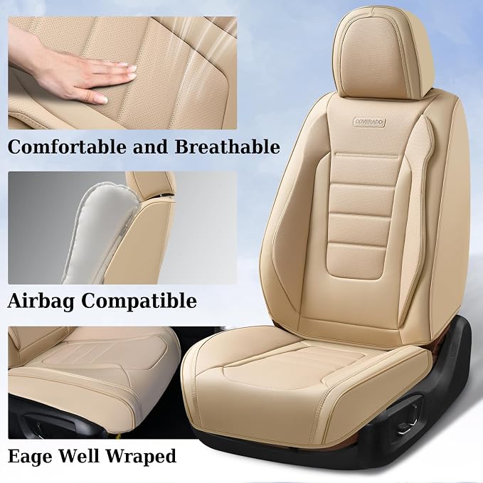 Coverado Car Seat Covers Front Seats, Car Seat Cover Beige, Car Seat Protector, Car Seat Cushion Nappa Leather, 2-Pack Waterproof Seat Covers Carseat Cover Universal Fit for Most Cars Trucks - Image 3