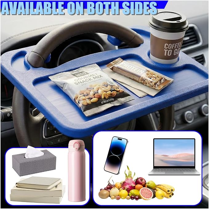 Car Steering Wheel Desk, 2 in 1 Multipurpose Auto Steering Wheel Tray with Drink Holder and Pen Slot, Portable Vehicle Computer Office Table Travel Accessories for Laptop, Food (Blue) - Image 6