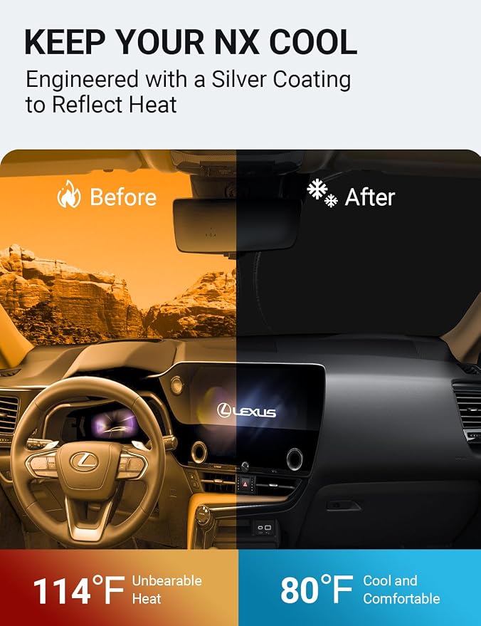 Proadsy Custom Fit 2022-2026 Lexus NX Windshield Sun Shade, Blocks Heat | 240T Heat Shield, Drops Temp 54°F, Blocks 99% UV, Prevents Dashboard Cracking, Summer Parking & Beach Trips, Easy Twist-Fold - Image 3