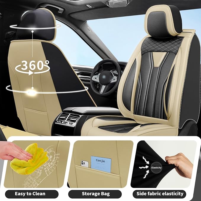 Fit Kicks Car Seat Covers， Compatible with Nissan Kicks 2018-2026 -Premium Leather, Waterproof Breathable All-Weather Seat Cushion Protector Airbag Compatible（2 Seats Front Pair，Beige & Black - Image 4