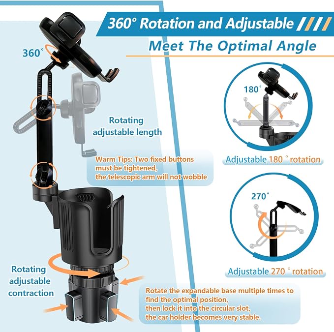SAMPUSS 2-in-1 Phone Holders for Your Car Car Cup Holder Car Phone Holder | 360° rotation 2-in-1 function car phone mount with long arm universal smartphone phone holder car cup holder expander - Image 5