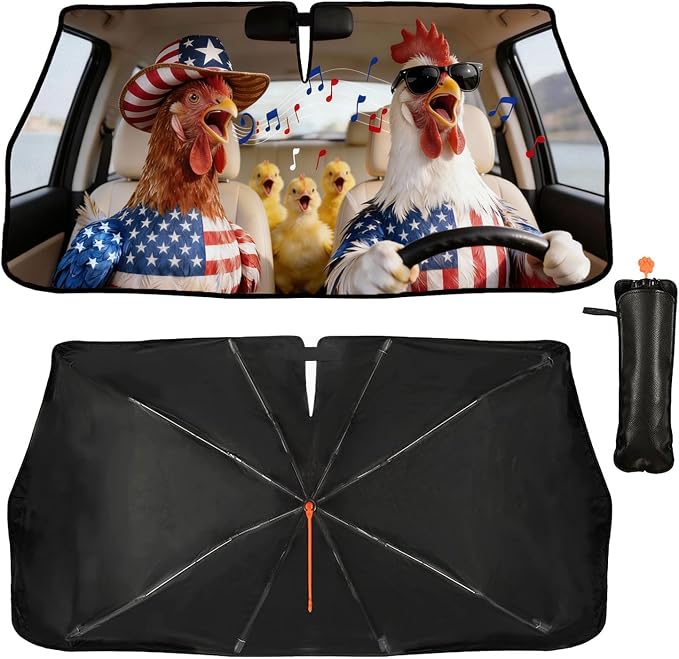 American Flag Chicken Car Windshield Sunshade Umbrella Funny Rooster Singing Sun Shade for Car Windshield Umbrella Upgraded Sunshades Blocks UV & Heat Front Window Shades for SUV Sedan Auto by Unknown