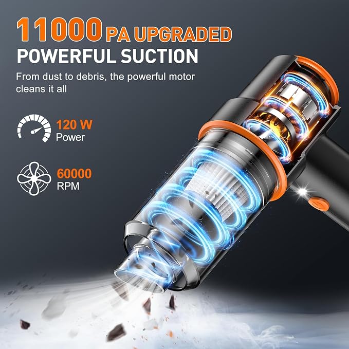 KMM Handheld Car Vacuum Cleaner, 11000PA Hand Held Vacuum & Air Duster | Strong Suction, Cordless, 120W High Power, Portable, Multi-Nozzles & LED Light, for Home, Car, Office - Image 2