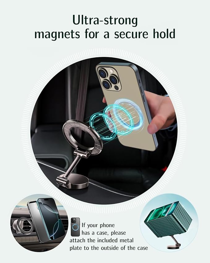 AAF for MagSafe Car Mount, Ultra-Strong Magnetic Phone Holder for Car &Bed &Desk Compact Dashboard Windshield, All Metal 360°Free Rotation [One-Hand Adjustable] Foldable, Easy Setup for iPhone Android - Image 5