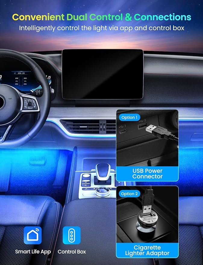 Pak Smart RGB Car LED Strip Lights, 48 LED Interior Light with APP Control | Under Dash Car Strip Light with Music Mode and DIY Mode, 2 Lines Design with Charger, Ambient Lighting for Cars SUVs Trucks - Image 4