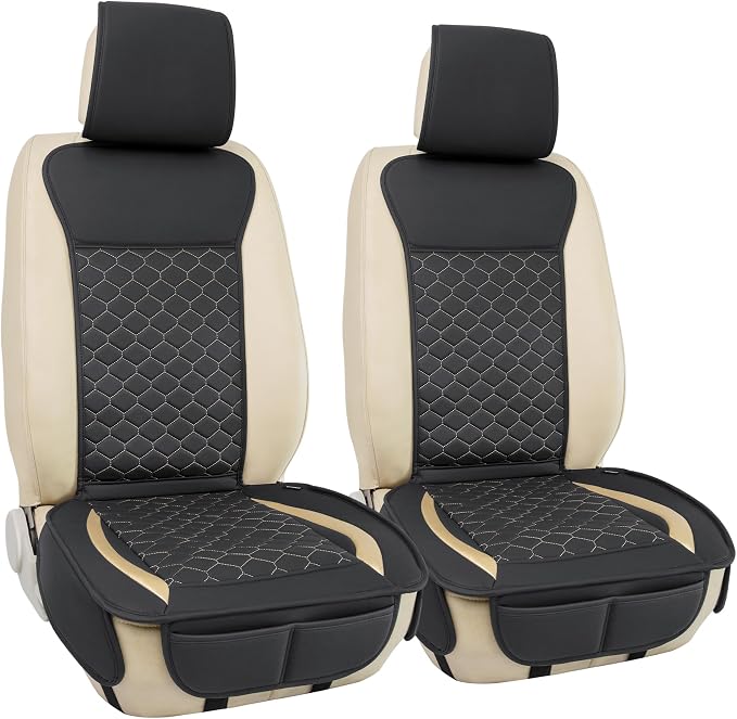 Elantrip Leather Car Seat Covers Front 2PC Black Gold Luxury Waterproof | Black faux leather with gold accents — luxury diamond-quilted interior upgrade - Image 2