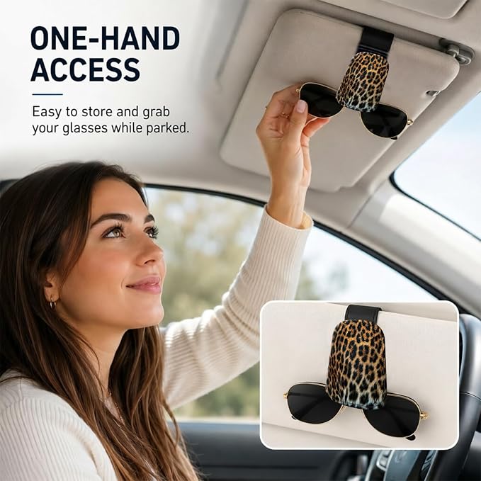 Leather Magnetic Sunglass Holder for Car Sun Visor, Cute Eyeglass Ticket Card Hanger Clip, Universal Auto Interior Accessories for SUV Pickup Truck, Classic Leopard - Image 2