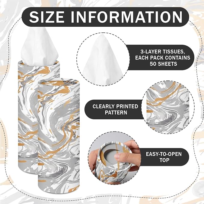 Arttown Car Tissue Holder for Cup Holder Facial Tissues 12 Pack Marble | Modern Bulk 3-Ply,Refillable Marble Print Cylinder Tissue Boxes,Fit Car Home Office School (600 Sheets Total,50 Sheets Each) - Image 4
