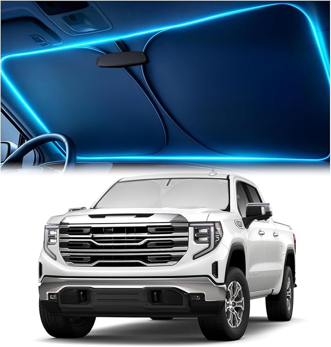 Windshield Sun Shade for GMC Sierra 1500 2500 3500 (SLT AT4 Denali) 2019-2026 – Custom Fit Sun Shield with Mirror Cut‑Out, Blocks Heat & UV, Foldable - GMC Sierra Windshield Sunshade by Autopect