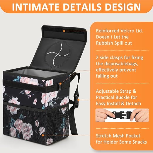 Vankor Car Trash Can with Lid Leak Proof Car Accessories for Women | 2.2 Gallon Cute Hanging Car Trash Bin for Men Car Truck Vehicle Sedan Interior Automotive Garbage Cans, Black Floral - Image 4