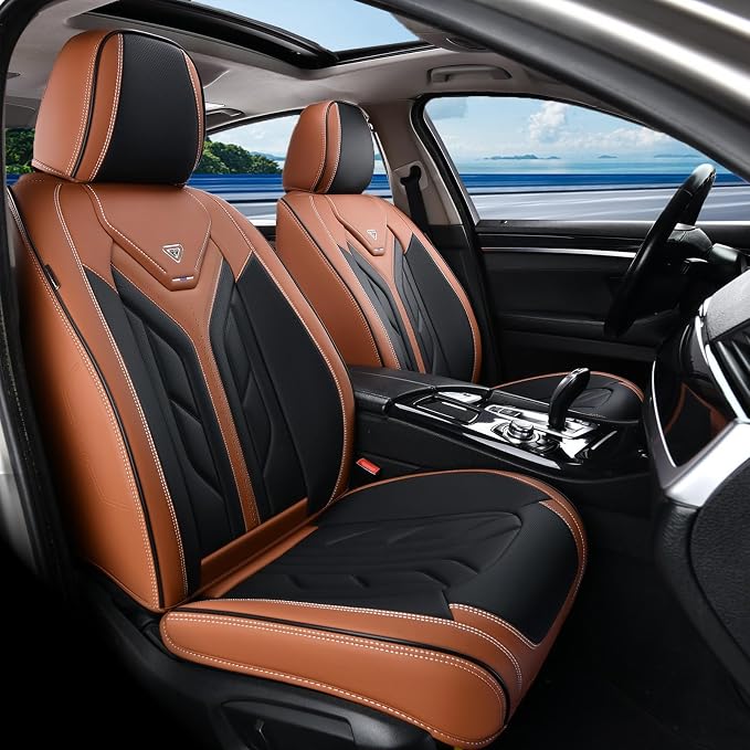 Coverado Front Seat Covers, Car Seat Covers Front Seats, Leather Seat Covers for Cars, Automotive Seat Covers Car Seat Protector Car Accessories Fit for Most Sedans SUV Pick-up Truck(Black&Brown) by COVERADOAUTO