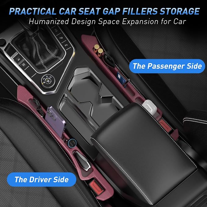 Car Seat Gap Filler 2Pack, Inserts Between Seats Console with Organizer Storage Upgraded Phone Holder Side Seat Gap Fillers Cars Front Seats Fill Plug Car Essentials for Vehicle SUV Truck (Wine Red) - Image 2